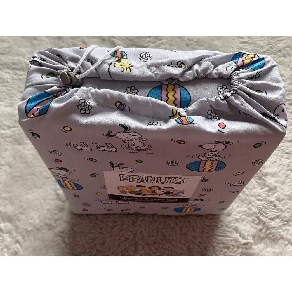 Peanuts Snoopy Easter Egg Bunny Floral QUEEN‎ Sz Sheet Set Soft Grey NEW